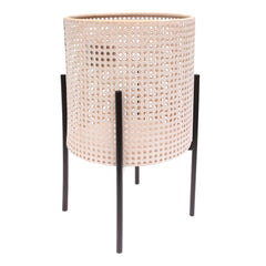 Round Hole Planter White & Beige – Large Decorative Cane-Style Pot with Stand