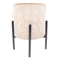 Round Hole Planter White & Beige – Small Decorative Cane-Style Pot with Stand