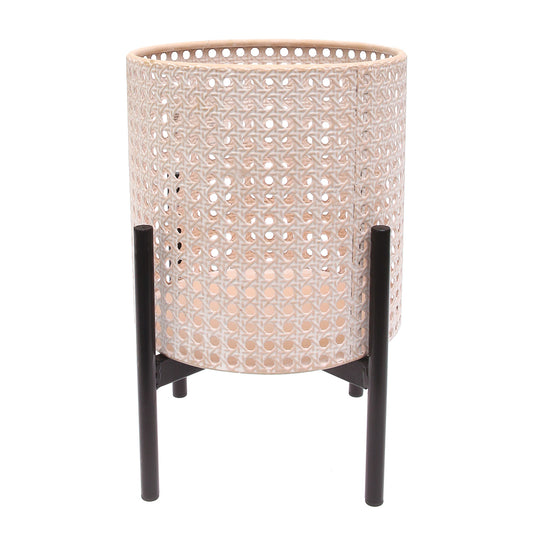 Round Hole Planter White & Beige – Small Decorative Cane-Style Pot with Stand