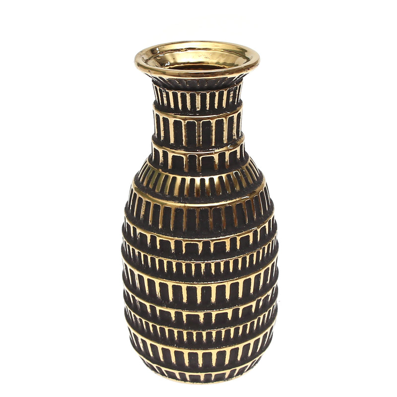 Elegant Dark Charcoal Grey & Gold Decorative Vase – Textured Box-Pattern Accent (Small) - Habitt