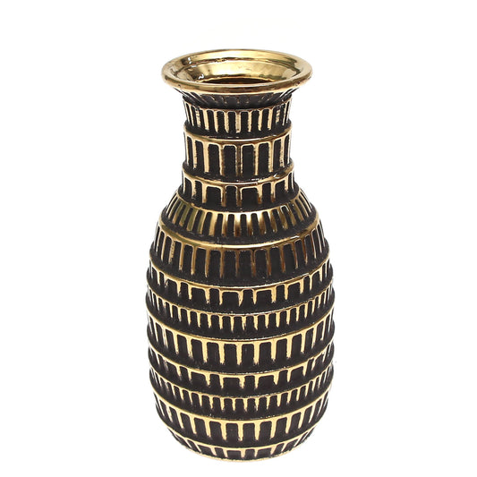 Elegant Dark Charcoal Grey & Gold Decorative Vase – Textured Box-Pattern Accent (Small)