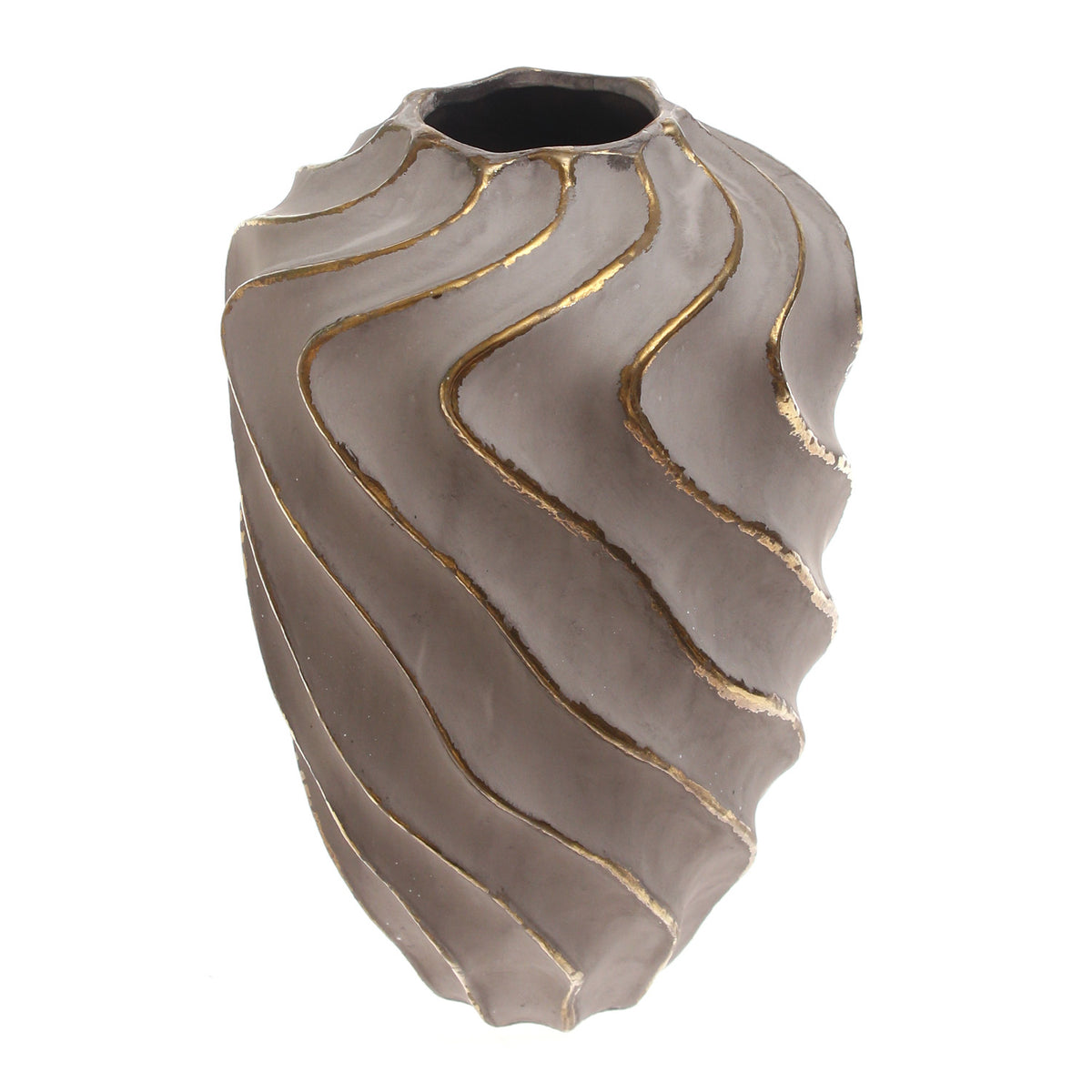 Grey & Gold Wave-Textured Ceramic Vase – Large