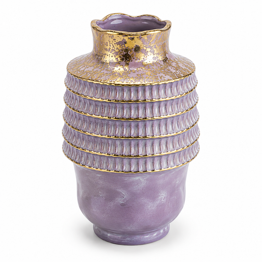 Grey & Golden Round Decorative Vase – Textured Luxury Flower Vase with Gold Detailing for Living Room & Home Décor