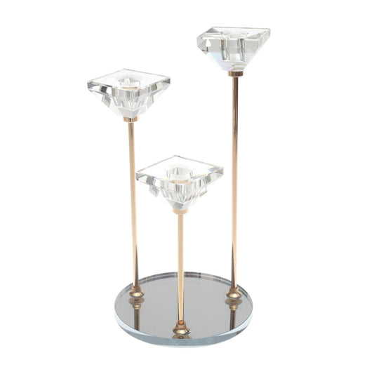 Gold 13-Inch 3-Piece Candle Stand with Crystal Holders & Mirror Base | Decorative Candle Holder