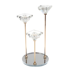Gold 13-Inch 3-Piece Candle Stand with Crystal Holders & Mirror Base | Decorative Candle Holder