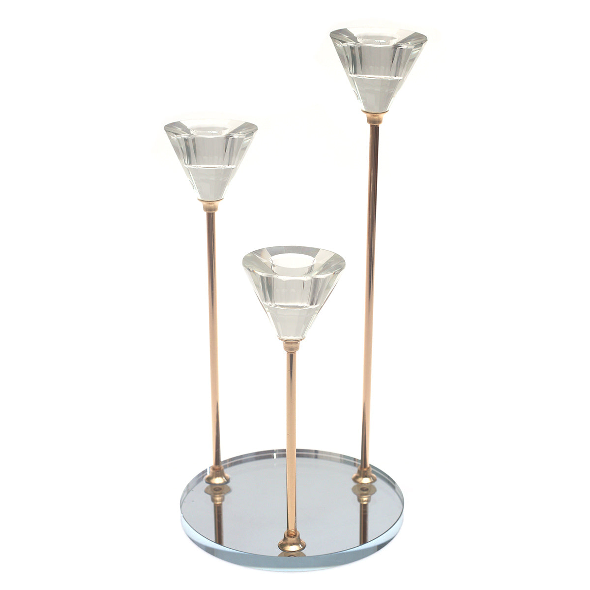 Elegant 3-Piece Gold Candle Stand with Crystal Holders & Mirror Base | Decorative Candle Holder Set