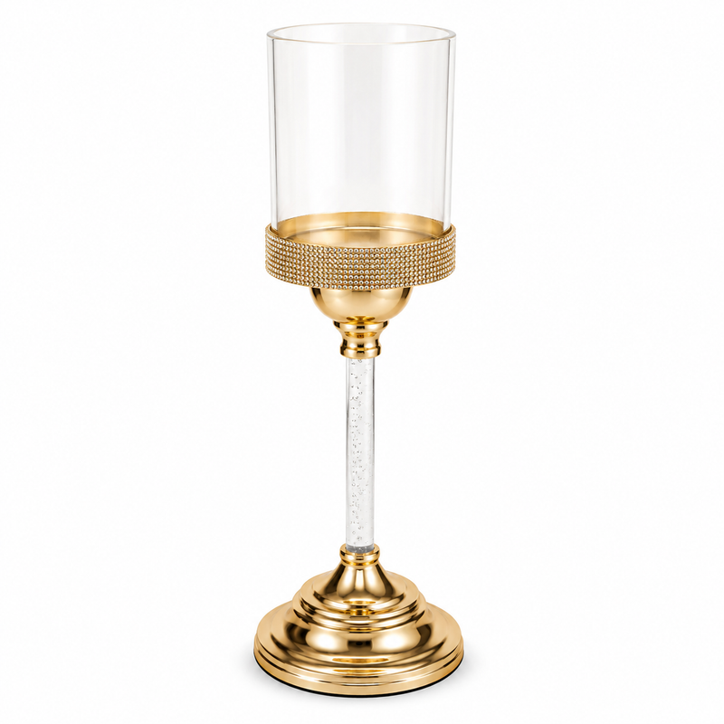 13 Inch Medium Gold Candle Stand with Clear Glass Hurricane – Decorative Candle Holder