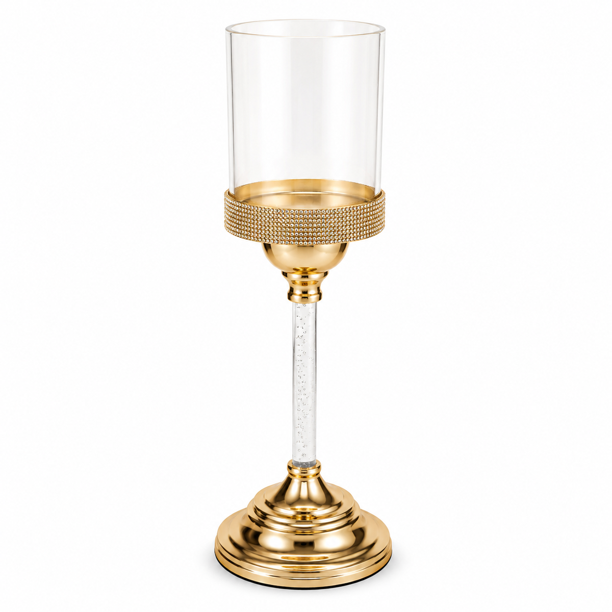 13 Inch Medium Gold Candle Stand with Clear Glass Hurricane – Decorative Candle Holder