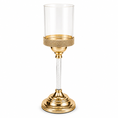 13 Inch Medium Gold Candle Stand with Clear Glass Hurricane – Decorative Candle Holder