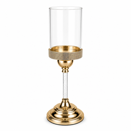 13 Inch Medium Gold Candle Stand with Clear Glass Hurricane – Decorative Candle Holder