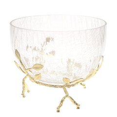 Console Piece Large Gold Decorative Glass Bowl – Elegant Metal Base Accent, 9 x 7 Inch
