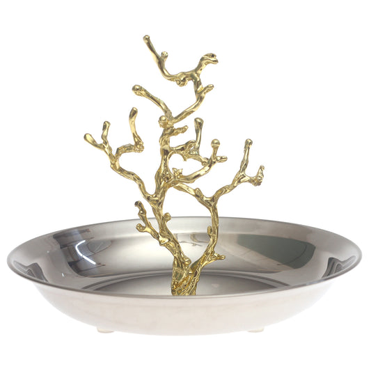 Small Silver Console Decorative Bowl with Gold Branch Sculpture –  8 x 8 x 6 Inch