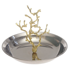 Small Silver Console Decorative Bowl with Gold Branch Sculpture –  8 x 8 x 6 Inch