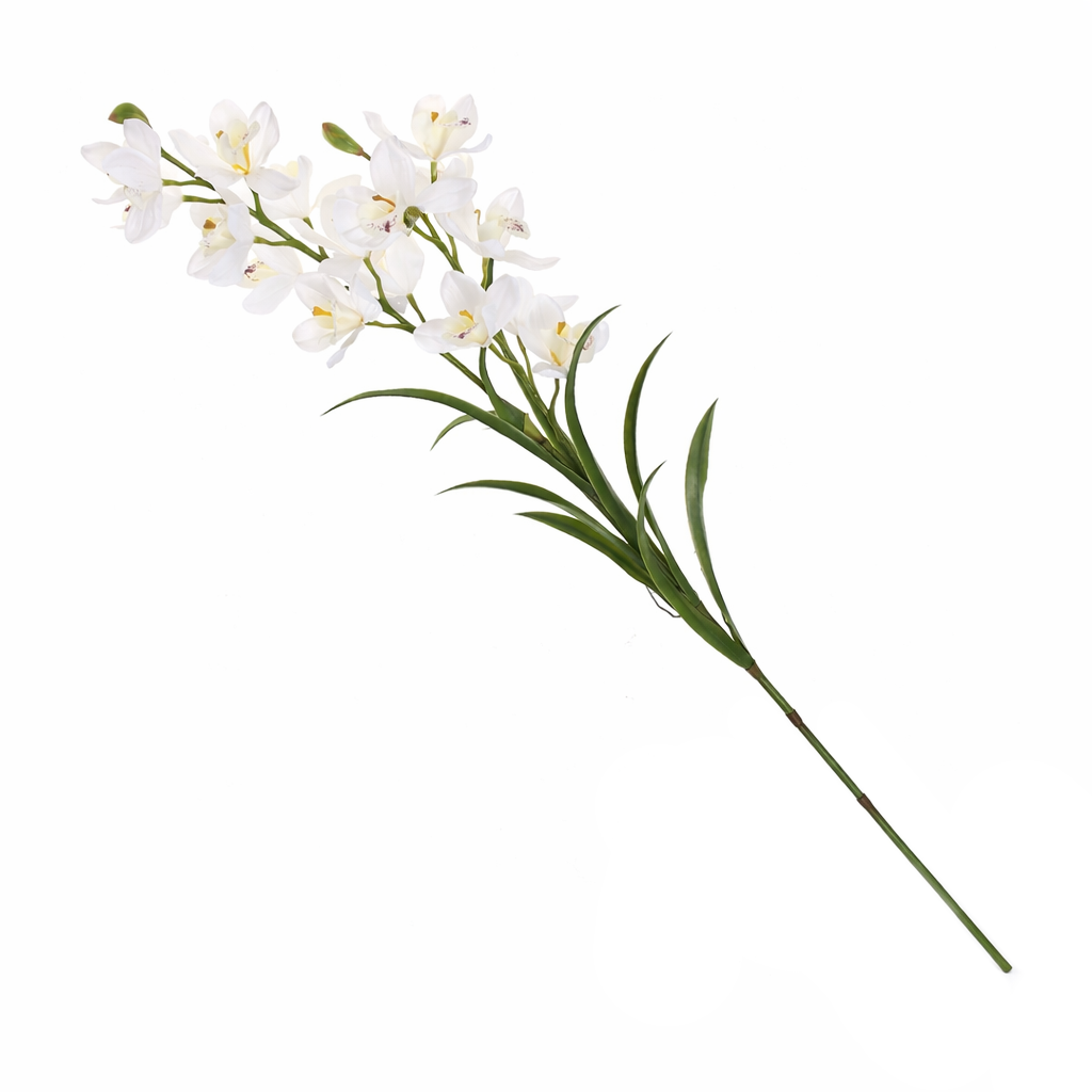 Artificial White Cymbidium Orchid Stem – Elegant Faux Orchid Spray for Home Décor & Floral Arrangements - Habitt