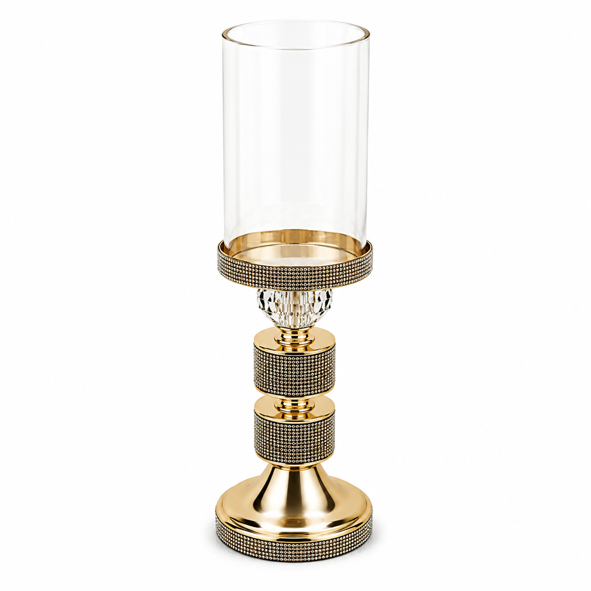 Glitter Round Black & Gold Candle Holder Large – Clear Glass Hurricane Candle Stand