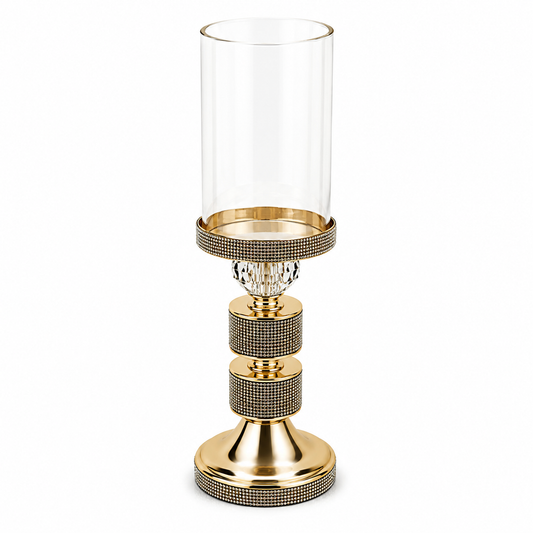Glitter Round Black & Gold Candle Holder Large – Clear Glass Hurricane Candle Stand