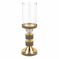Glitter Round Black & Gold Candle Holder Large – Clear Glass Hurricane Candle Stand