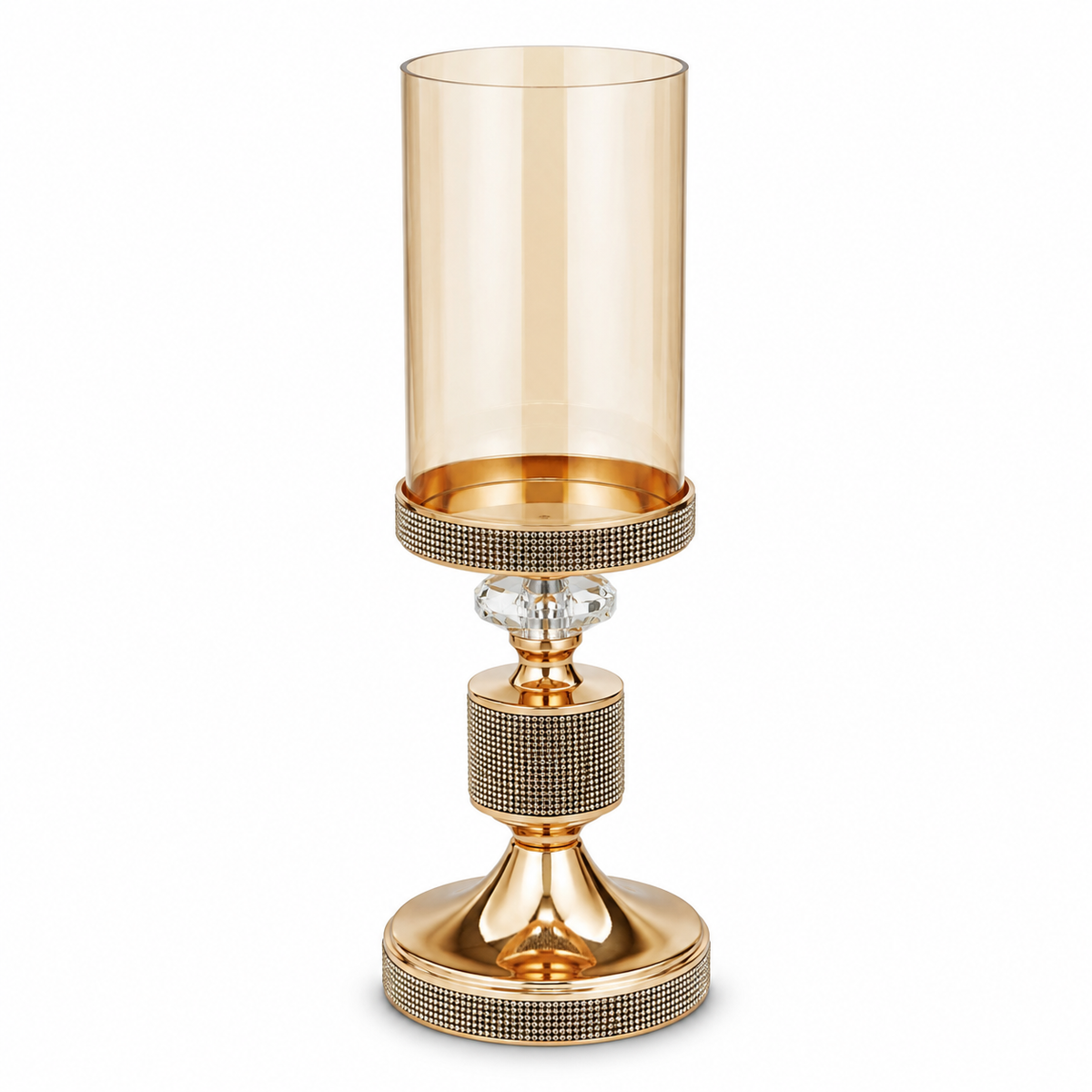 Medium Round Black & Gold Candle Holder with Amber Glass – Decorative Hurricane Stand