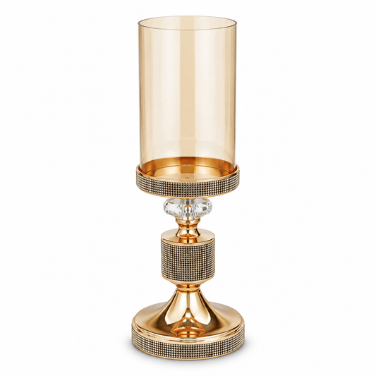 Medium Round Black & Gold Candle Holder with Amber Glass – Decorative Hurricane Stand