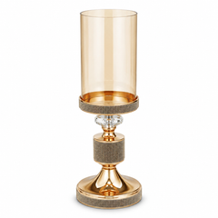 Medium Round Black & Gold Candle Holder with Amber Glass – Decorative Hurricane Stand