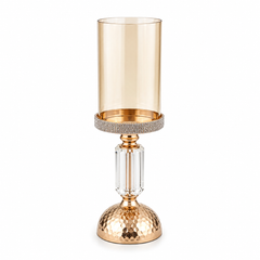 Glitter Round Candle Holder Silver & Gold Large – Crystal Accent Hurricane Candle Stand