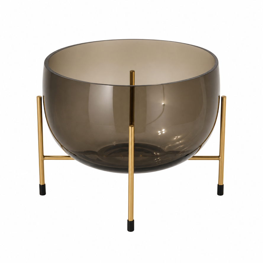 Large Grey Glass Centerpiece Bowl with Golden Stand – Modern Decorative Table Accent - Habitt