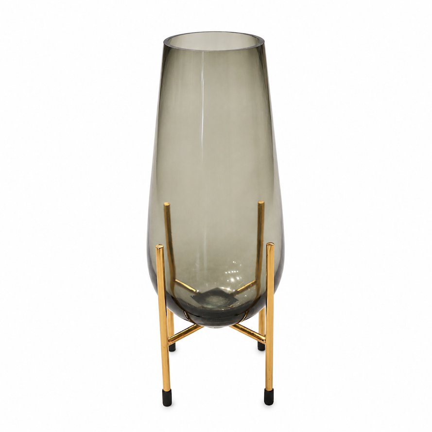 Large Grey Glass Vase with Golden Stand – Modern Decorative Floor Vase - Habitt