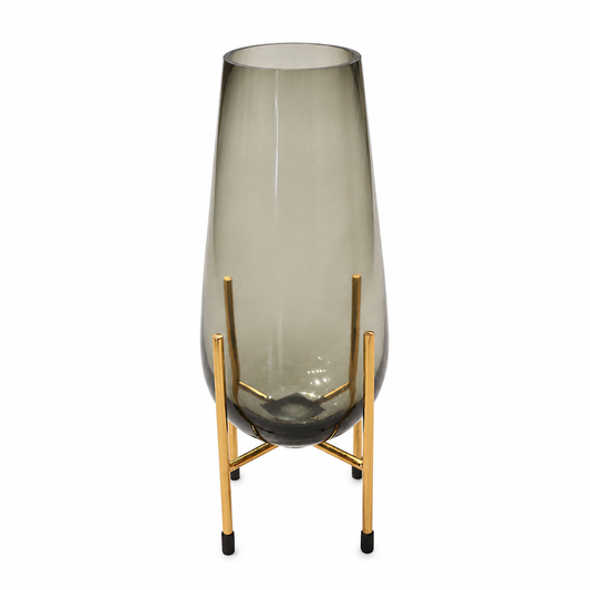 Large Grey Glass Vase with Golden Stand – Modern Decorative Floor Vase - Habitt