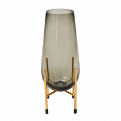 Large Grey Glass Vase with Golden Stand – Modern Decorative Floor Vase - Habitt
