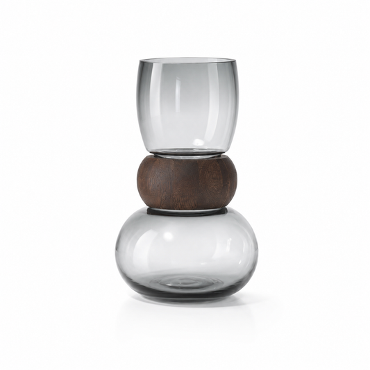 Grey Glass Vase with Wooden Collar – Modern Bottle Shape Decorative Vase (Medium) - Habitt