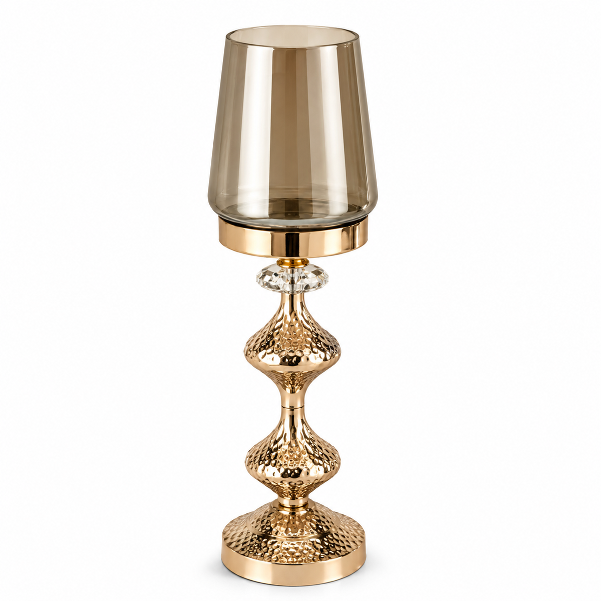 Golden Candle Holder Medium with Smoky Glass – Luxury Decorative Candle Stand
