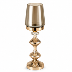 Golden Candle Holder Medium with Smoky Glass – Luxury Decorative Candle Stand