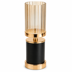 Black & Gold Candle Holder Medium with Amber Ribbed Glass – Decorative Candle Stand