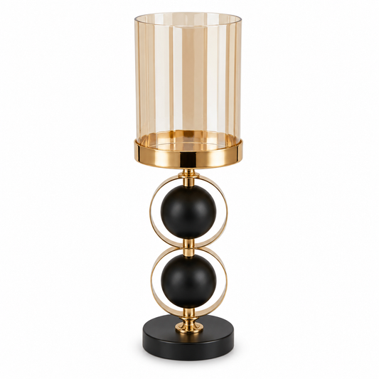 Round Black & Gold Pillar Candle Holder Medium – Amber Glass Hurricane HBT 23-5