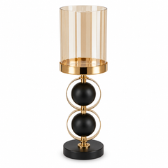 Round Black & Gold Pillar Candle Holder Medium – Amber Glass Hurricane HBT 23-5
