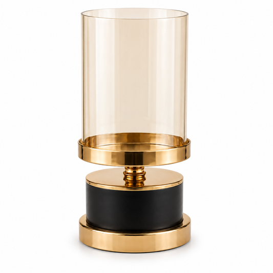 Round Black & Gold Pillar Candle Holder Small – Amber Glass Hurricane HBT 23-1