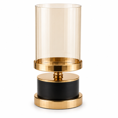 Round Black & Gold Pillar Candle Holder Small – Amber Glass Hurricane HBT 23-1