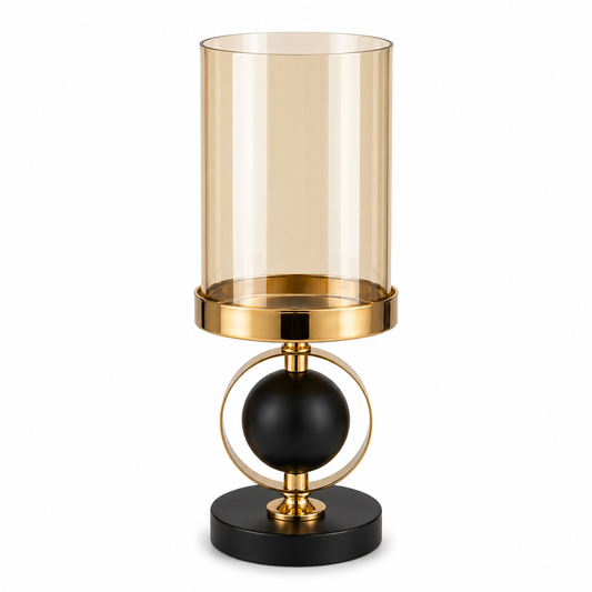 Round Black & Gold Pillar Candle Holder Small – Glass Hurricane HBT 23-4