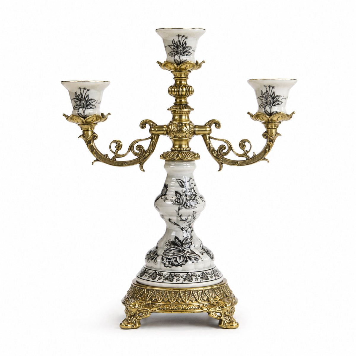 Royal Flora 3-Arm Candle Holder Round Green Standard – Ornate Floral Candelabra with Gold Accents
