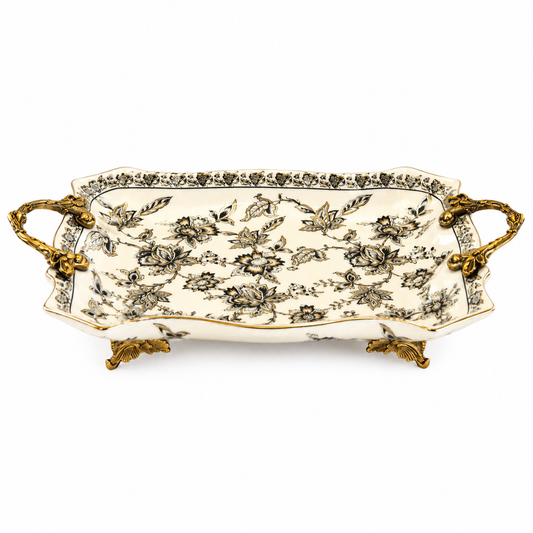 Royal Flora Rectangular Centerpiece White Standard – Floral Decorative Serving Centerpiece with Gold Accents