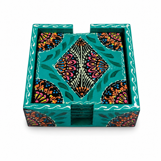 Bondi Tea Coaster Art Assorted Color – Decorative Coaster Set with Holder | Colorful Table & Dining Accessories