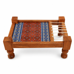 Printed Wooden Charpai Polished T Art – Traditional Mini Wood Charpai with Colorful Printed Design | Pakistani Cultural Home Décor