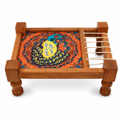Printed Wooden Charpai Polished T Art – Traditional Mini Wood Charpai with Colorful Printed Design | Pakistani Cultural Home Décor