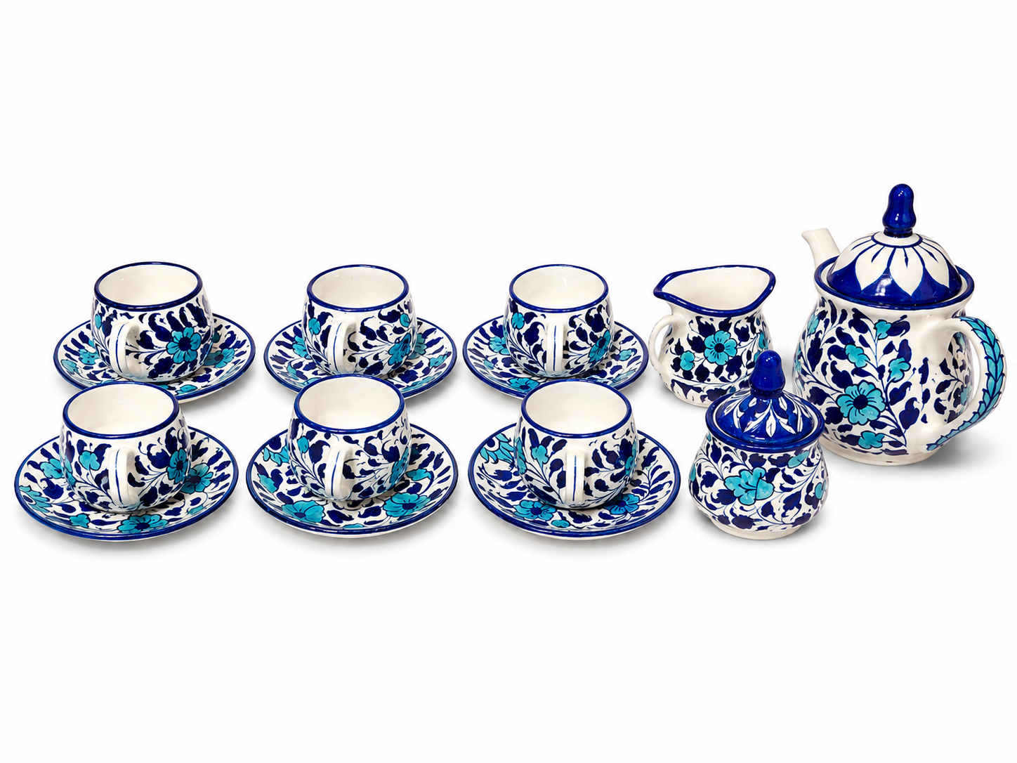 Handcrafted Multi Blue Pottery Ceramic Tea Set – 15 Piece Floral Tea Serving Set - Habitt