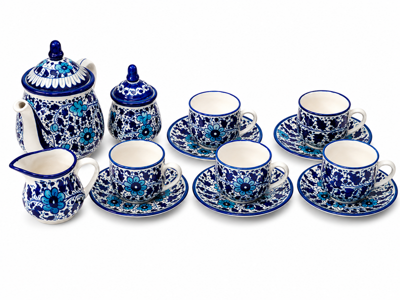 Handcrafted Multi Blue Pottery Ceramic Tea Set – 15 Piece Floral Tea Serving Set - Habitt