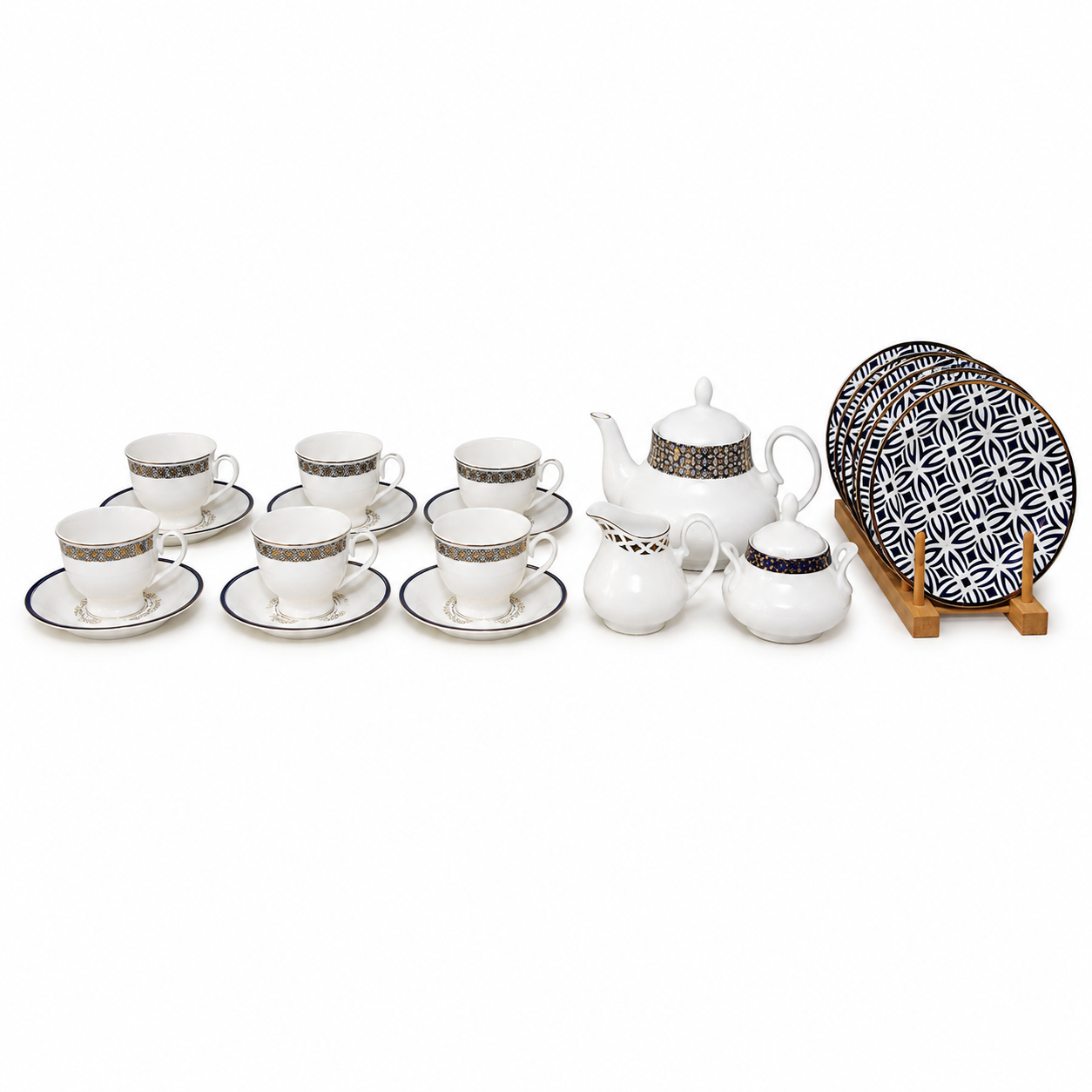 Luxury 23 Pieces Gold Jaal Blue Porcelain Tea Set with Cups, Tea Pot & Serving Accessories - Habitt