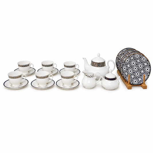 Luxury 23 Pieces Gold Jaal Blue Porcelain Tea Set with Cups, Tea Pot & Serving Accessories - Habitt