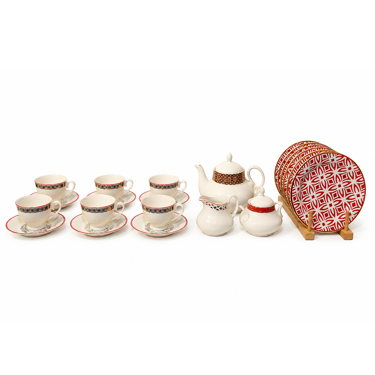 Luxury 23 Pieces Gold Jaal Orange Porcelain Tea Set with Cups, Tea Pot & Serving Accessories - Habitt
