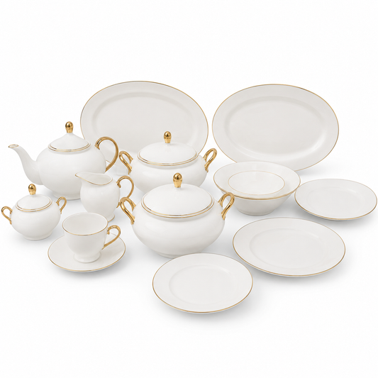 Gold Line Premium Porcelain Dinner Set | Elegant White Dinnerware with Gold Rim