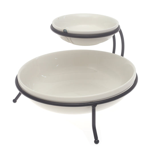 Round Chip & Dip Serving Set – White Ceramic Bowl with Metal Stand